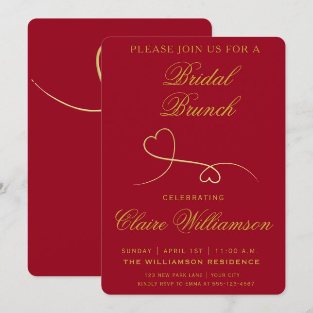 Two Gold Hearts | Red Bridal Brunch Invitation (Front/Back)