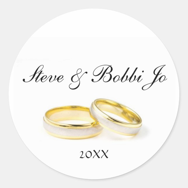 Two Gold Rings Personal Round Wedding Sticker (Front)