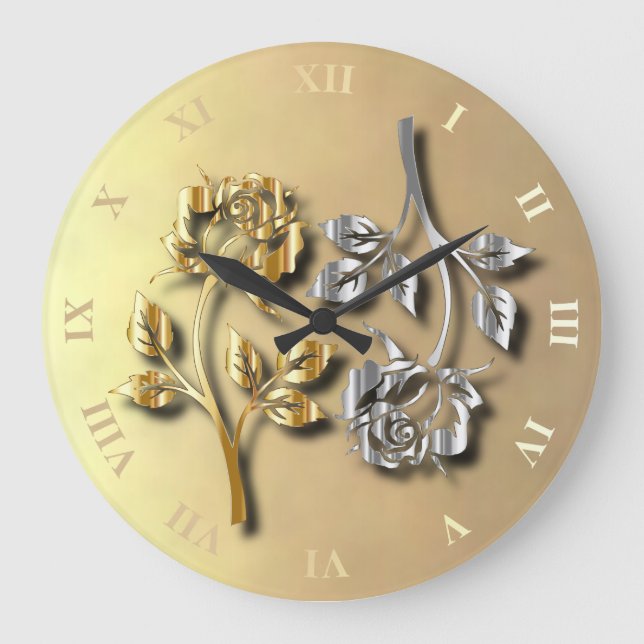 Two Golden And Silver Roses With Shadows Large Clock (Front)