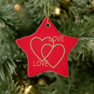 Two golden loving hearts ceramic tree decoration