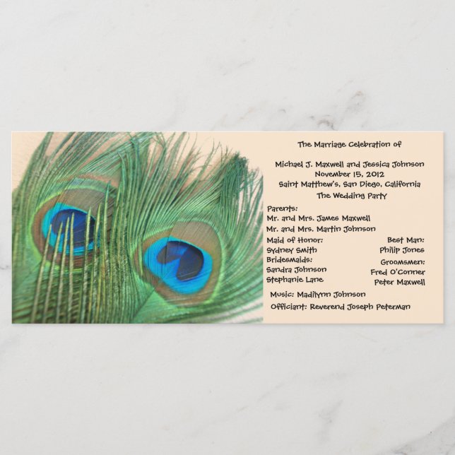 Two Golden Peacock Feathers Wedding Program Programme (Front)