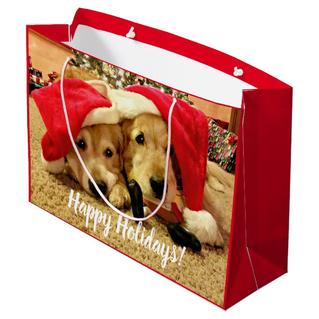 Two Golden Retriever Dogs in Santa Hats Christmas Large Gift Bag (Back Angled)