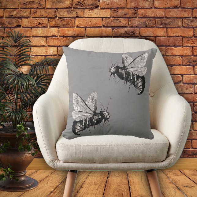 Two Gothic Black White Bee Illustrations Grey Cushion (Two scary big bees black and white with skull wings on grey home decor pillow.)