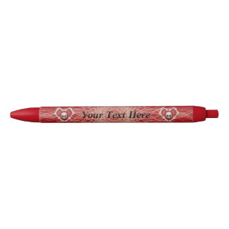 Two Gothic Red Hearts With Bones Skull Spirals Black Ink Pen