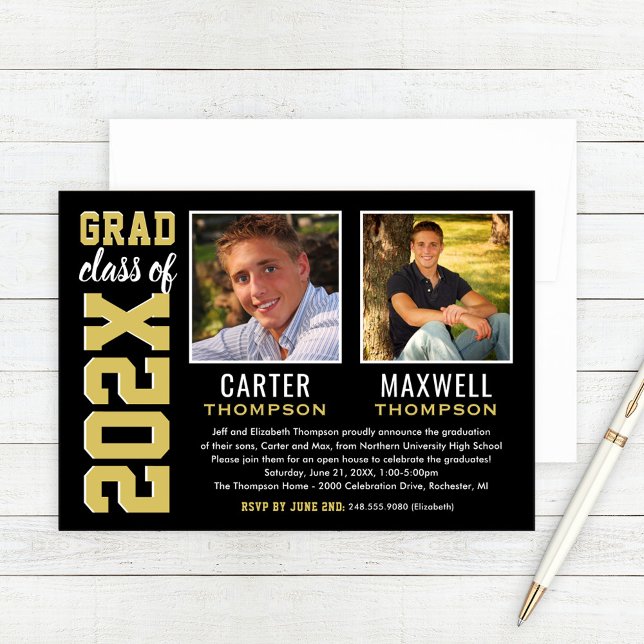 Two Graduates Black Gold Graduation Party Photo Invitation (Creator Uploaded)