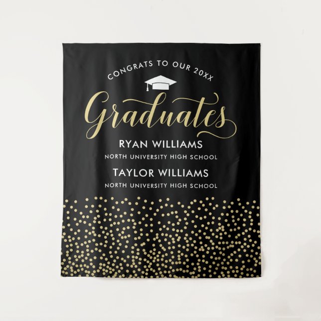 Two Graduates Black Gold Script Backdrop Tapestry (Front)