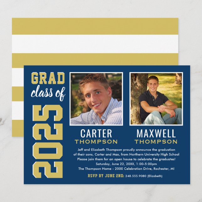 Two Graduates Navy Gold Graduation Party Photo Invitation (Front/Back)