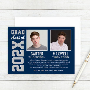 Two Graduates Navy Grey Graduation Party Photo Invitation