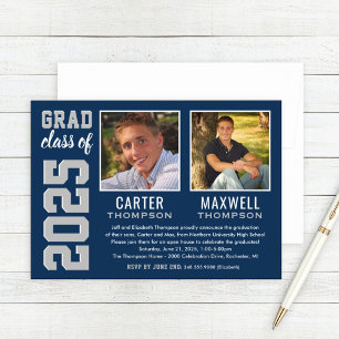Two Graduates Navy Grey Graduation Party Photo Invitation