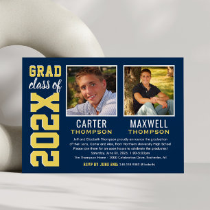 Two Graduates Navy Yellow Graduation Party Photo Invitation