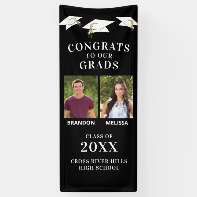 Two Graduates Photos CONGRATS GRAD Caps Black Banner (Vertical)