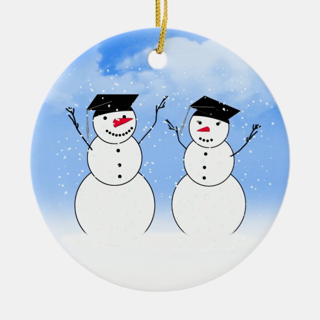 Two Graduating Snowmen Ceramic Tree Decoration (Front)