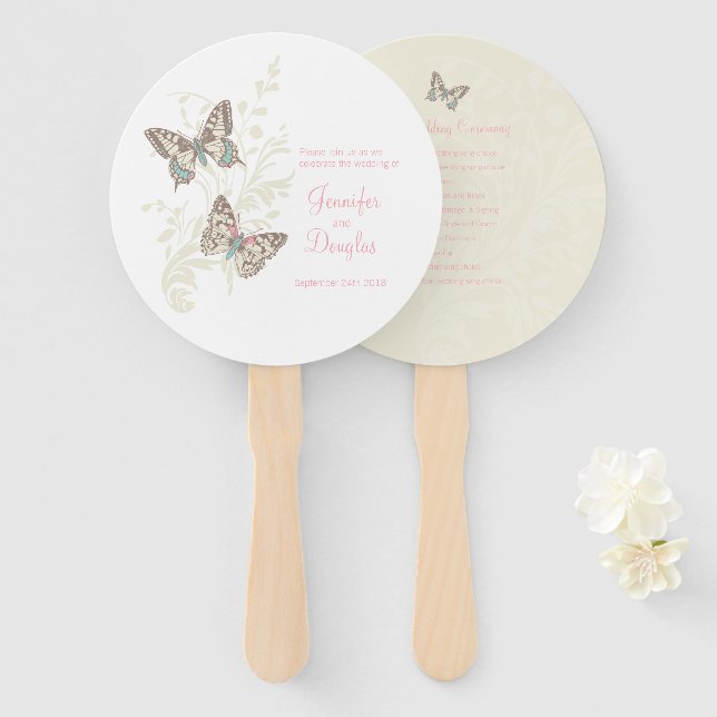 Two graphic inked butterflies wedding program fans (Front and Back)