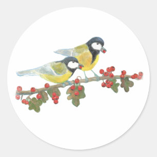 Two Great Tit Birds on The hawthorn Tree Branch Classic Round Sticker