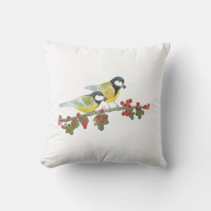 Two Great Tit Birds on The hawthorn Tree Branch  Cushion