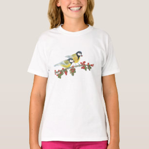 Two Great Tit Birds on The hawthorn Tree Branch  T-Shirt