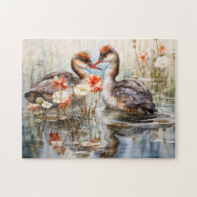Two grebes among white pond plants jigsaw puzzle (Horizontal)