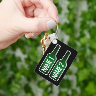 Two green beer bottles aluminium keychain gift
