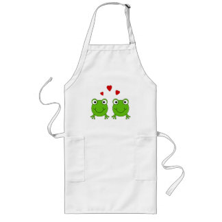 Two green frogs with red hearts. long apron
