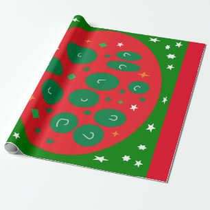 Two greens plus red and tiny stars white wrapping paper