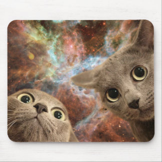 Two Grey Cats in Space Before a Nebula Mouse Mat