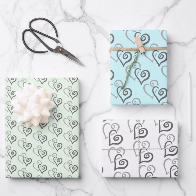 Two Grey Linked Hearts Pattern Wrapping Paper Sheet (Front)