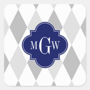 Two Grey Wht Harlequin Navy 3 Initial Monogram Square Sticker