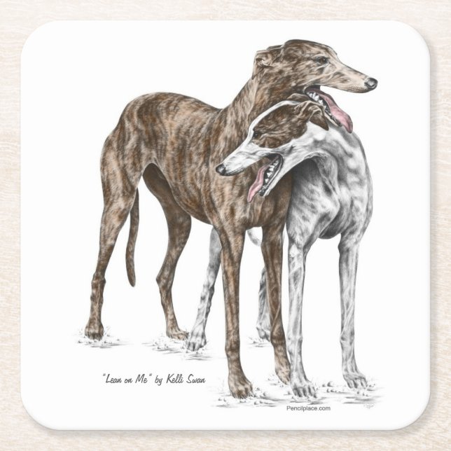 Two Greyhound Friends Dog Art Square Paper Coaster (Front)