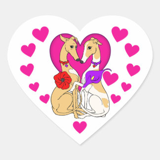 Two Greyhounds Pink Heart and Flowers Heart Sticker