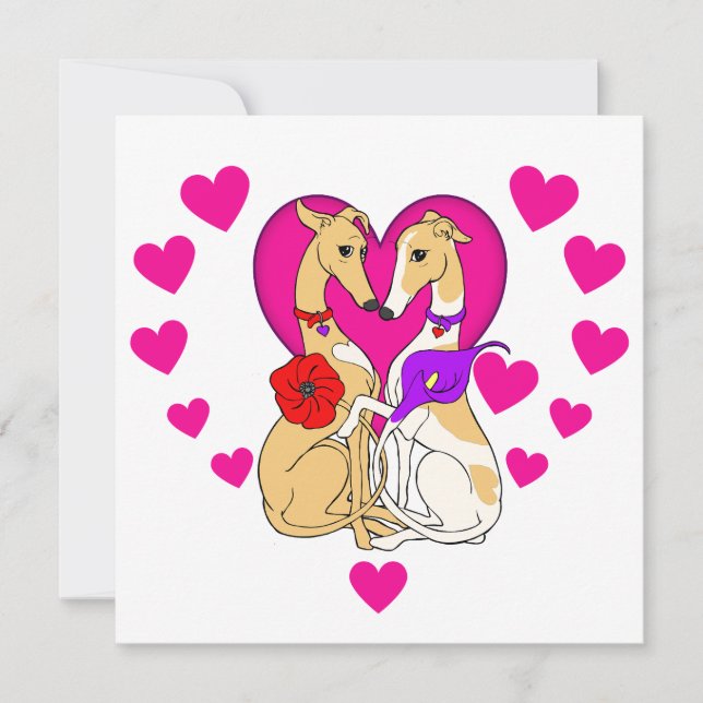 Two Greyhounds Pink Heart and Flowers Invitation (Front)