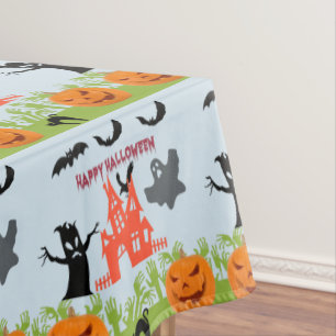 Two Grinning Pumpkins, Bats, Haunted House Tablecloth