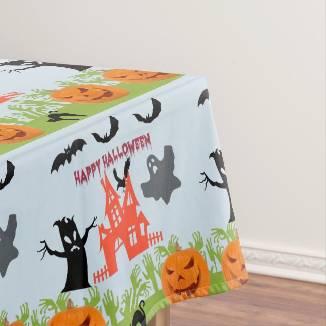Two Grinning Pumpkins, Bats, Haunted House  Tablecloth (In Situ)