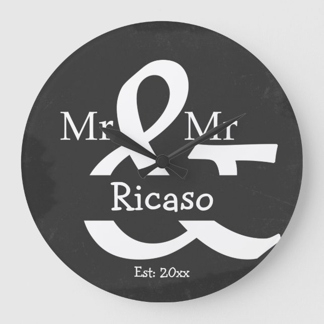 Two Groom Mr And Mr Personalized Faux Chalkboard Large Clock (Front)