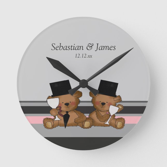 Two Groom Teddy Bears Round Clock (Front)