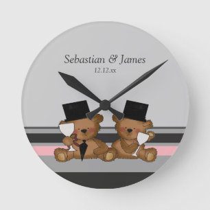 Two Groom Teddy Bears Round Clock