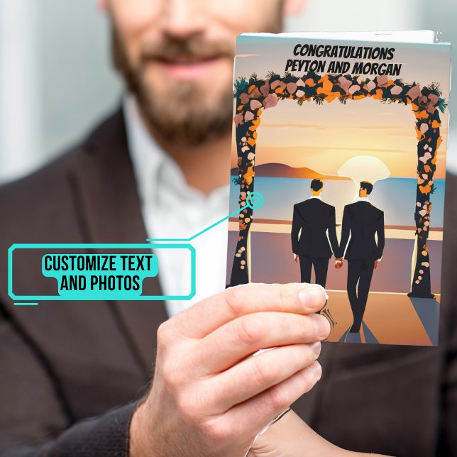 Two Groom Wedding Day at Sunset Congratulations  Card (This lovely card is for that gay couple who have entered marriage following their joyful engagement.)
