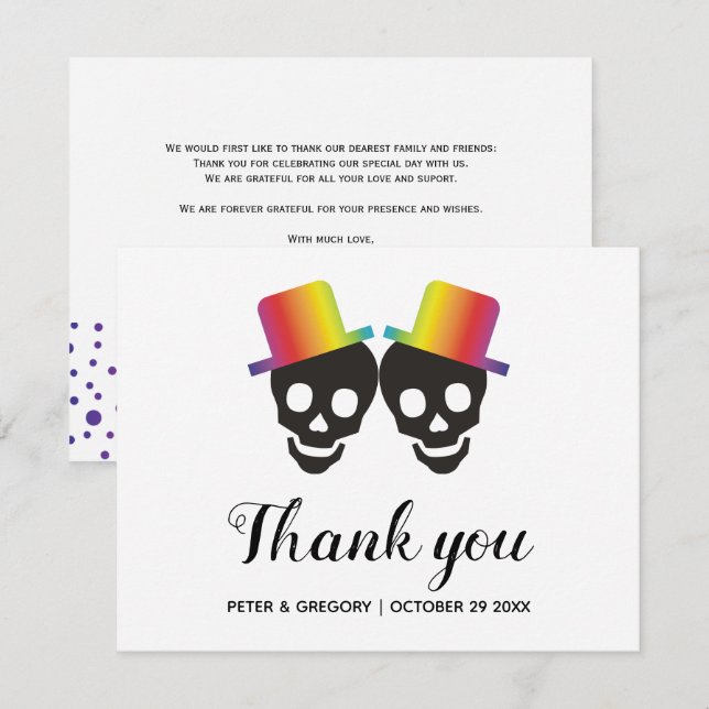 Two grooms and confetti gay wedding thank you card (Front/Back)