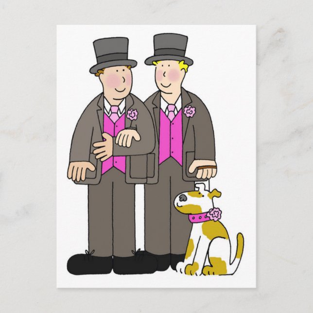Two Grooms and their Dog Wedding Cartoon Postcard (Front)