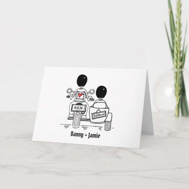 Two Grooms Biker Motorcycle and Sidecar Wedding Card (Front)