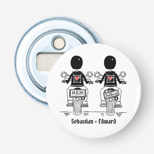 Two Grooms Biker Motorcycle Wedding Favour Bottle Opener (Front)