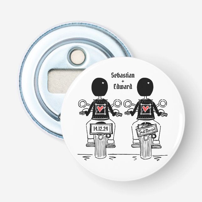 Two Grooms Biker Motorcycle Wedding Favour Bottle Opener (Front)