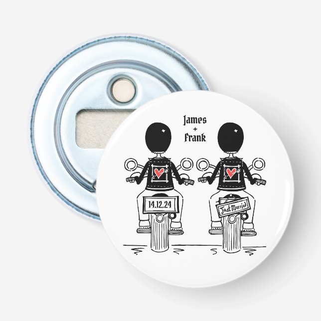 Two Grooms Biker Motorcycle Wedding Favour Bottle Opener (Front)