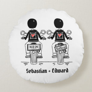 Two Grooms Biker Motorcycle Wedding Round Cushion