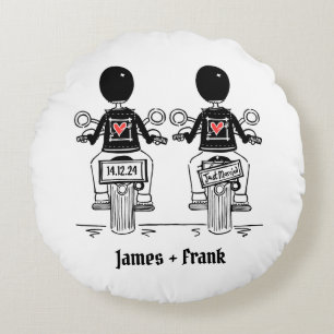 Two Grooms Biker Motorcycle Wedding Round Cushion