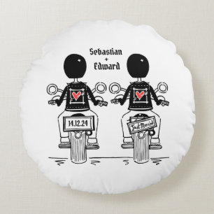 Two Grooms Biker Motorcycle Wedding Round Cushion