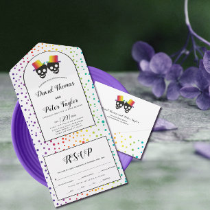 Two grooms confetti rainbow colours gay wedding all in one invitation