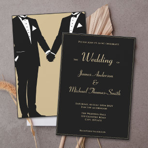 Two Grooms Elegant Black Gold Tuxedo Wedding Invitation