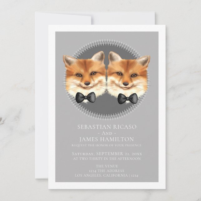 Two Grooms Fox Themed Gay Wedding Announcement (Front)