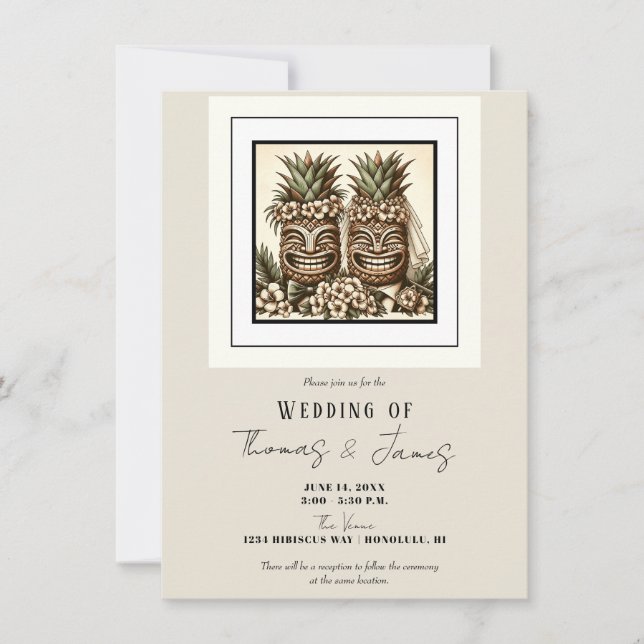 Two Grooms Gay Pineapple Tiki Head Retro Wedding  Invitation (Front)