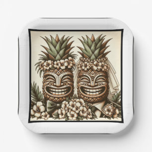 Two Grooms Gay Pineapple Tiki Head Retro Wedding  Paper Plate